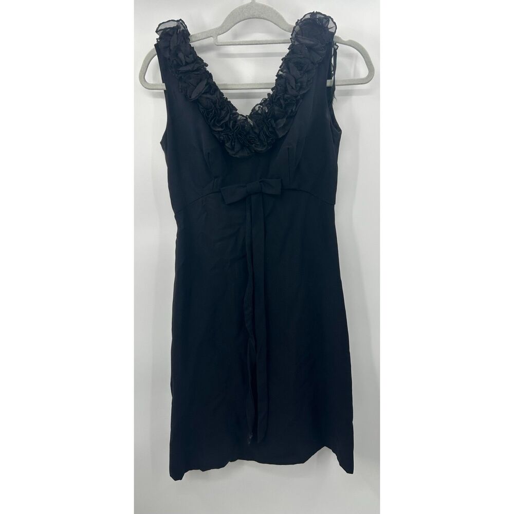 Vintage 60s Black Cocktail Sheath Dress Ruffle Rosette V-Neck Wiggle Chiffon S